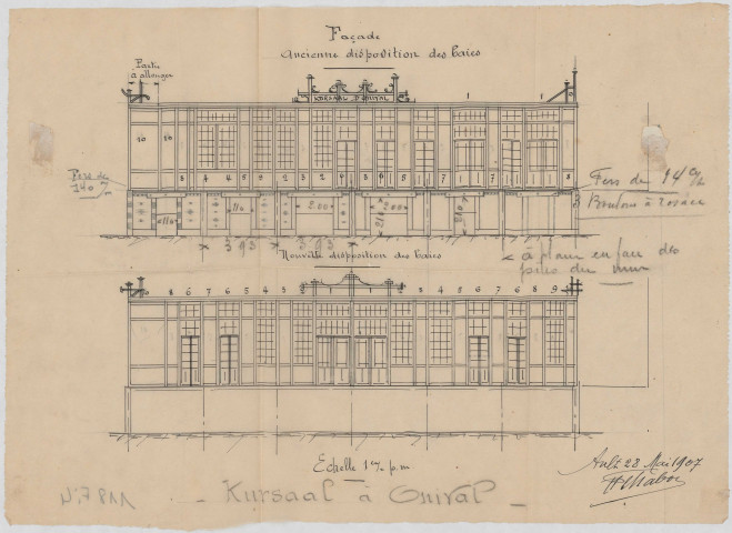 Projet d'agrandissement du Kursaal d'Onival. Plan en élévation : ancienne et nouvelle dispositions des baies