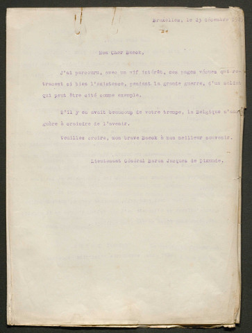 Témoignage de Baeck, Jean-Baptiste (Sergent) et correspondance avec Jacques Péricard