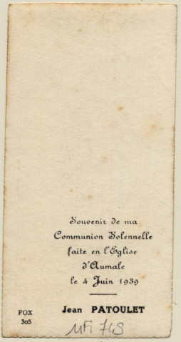 Un enfant en prière devant la Vierge Marie. Souvenir de communion solennelle de Jean Patoulet faite en l'église d'Aumale le 4 juin 1939