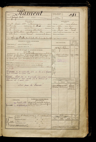 Flament, Georges Emile, né le 19 janvier 1888 à Honnecourt-sur-Escaut (Nord), classe 1908, matricule n° 481, Bureau de recrutement de Péronne