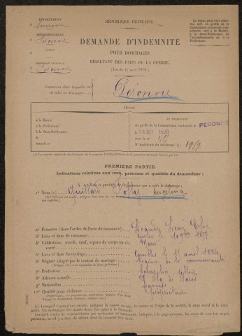 Péronne. Demande d'indemnisation des dommages de guerre : dossier Quillard