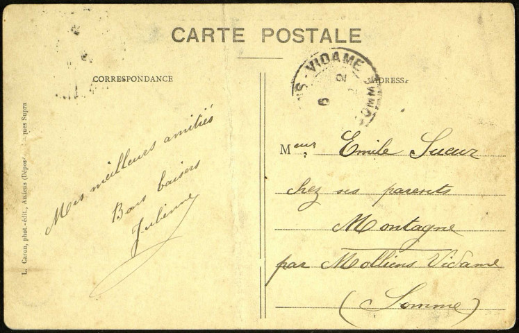 Carte postale "Le Vieil Amiens - Rue du Don" adressée par Julienne Colard (1887-1974) à Emile Sueur (1886-1948)