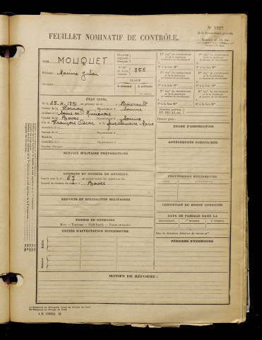 Mouquet, Maxime Julien, né le 25 avril 1891 à Hornoy-le-Bourg (Somme), classe 1911, matricule n° 856, Bureau de recrutement d'Amiens