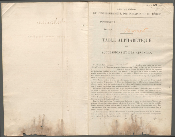 Table des successions et absences du bureau de Domart-en-Ponthieu