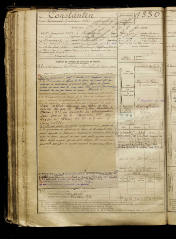 Constantin, Ernest Julien, né le 13 janvier 1885 à Asnières-sur-Seine (Hauts-de-Seine), classe 1905, matricule n° 1330, Bureau de recrutement d'Amiens