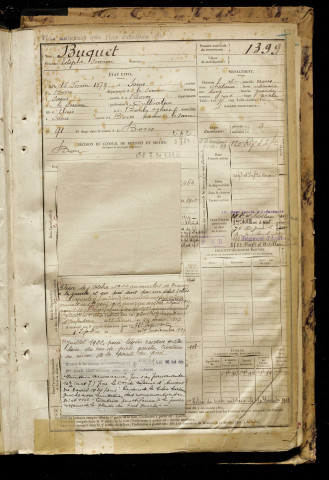 Buquet, Estéphe Siméon, né le 18 février 1879 à Sains-en-Amiénois (Somme), classe 1899, matricule n° 1399, Bureau de recrutement d'Amiens