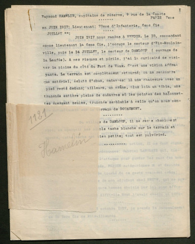 Témoignage de Hamelin, Raymond (Lieutenant) et correspondance avec Jacques Péricard