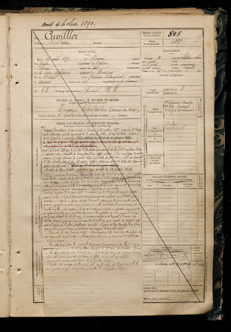 Cuvillier, Louis Octave, né le 16 août 1870 à Bernot (Aisne), classe 1891, matricule n° 825, Bureau de recrutement d'Amiens