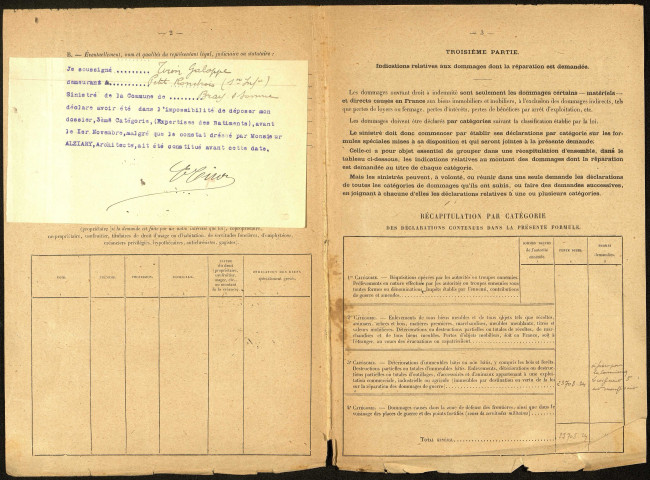 Bray-sur-Somme. Demande d'indemnisation des dommages de guerre : dossier Tiron Emilien