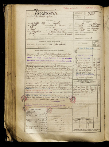 Jacquemin, Jean Baptiste Alphonse, né le 10 juillet 1889 à Poeuilly (Somme), classe 1909, matricule n° 750, Bureau de recrutement de Péronne