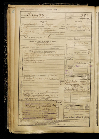 Damay, Olivier Raoul Maurice, né le 30 mai 1878 à Puzeaux (Somme), classe 1898, matricule n° 582, Bureau de recrutement d'Amiens