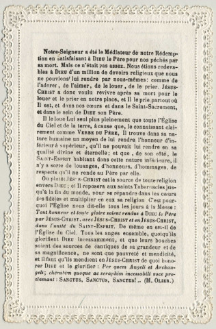 Image pieuse dentelle. Visite au T. S. sacrement ou ses mystères rendus sensibles expliqués