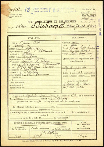 Duhamel, Denis Joseph Marcel, né le 05 juin 1894 à Breilly (Somme), classe 1914, matricule n° 157, Bureau de recrutement d'Amiens