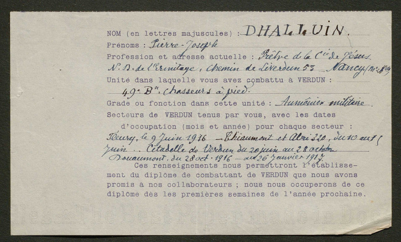 Témoignage de Dhalluin, Pierre Joseph (Abbé) et correspondance avec Jacques Péricard