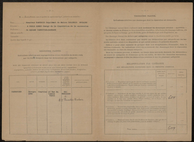 Péronne. Demande d'indemnisation des dommages de guerre : dossier Pannetier