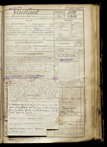 Vaillant, Marcel Jules Paul, né le 20 juillet 1900 à Oisemont (Somme), classe 1920, matricule n° 1191, Bureau de recrutement d'Amiens