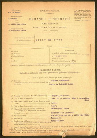 Ailly-sur-Noye. Demande d'indemnisation des dommages de guerre : dossier Labarre-Lourdelle