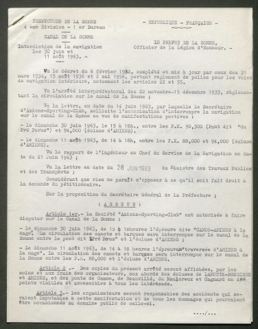 Demande de l'Amiens Sporting Club pour l'organisation d'une épreuve à la nage « Camon-Amiens » les 23 juin, 30 juin et 11 août 1963