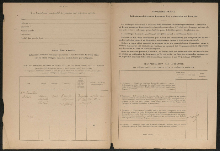 Etricourt-Manancourt. Demande d'indemnisation des dommages de guerre : dossier Ducellier-Petit