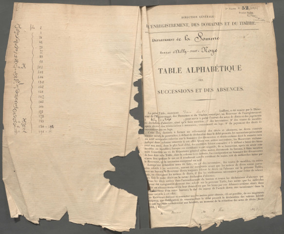 Table des successions et absences du bureau d'Ailly-sur-Noye