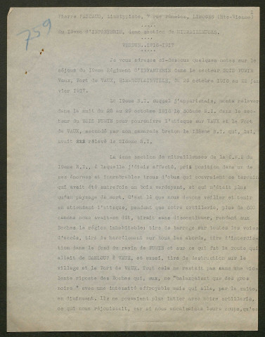Témoignage de Pascaud, Pierre (Mitrailleur) et correspondance avec Jacques Péricard