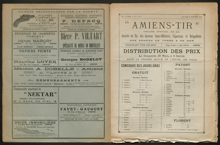 Amiens-tir, organe officiel de l'amicale des anciens sous-officiers, caporaux et soldats d'Amiens, numéro 1 et 2 (janvier 1914 -février 1914)