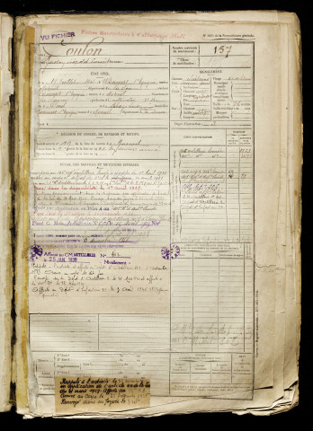 Coulon, Gaston Léopold Louis, né le 19 juillet 1901 à Wiencourt-l'Équipée (Somme), classe 1921, matricule n° 157, Bureau de recrutement de Péronne