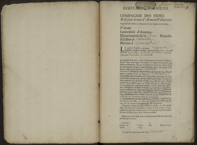 Contrôle des actes du bureau d'Airaines pour la période du 1er juillet 1720 au 13 novembre 1721