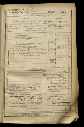 Cotterel, Albert Jules, né le 31 mars 1876 à Méricourt-l'Abbé (Somme), classe 1896, matricule n° 521, Bureau de recrutement de Péronne