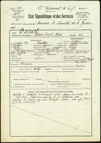 Ossart, Gilbert Joseph Marie, né le 11 avril 1889 à Brévillers (Somme), classe 1909, matricule n° 14, Bureau de recrutement d'Amiens