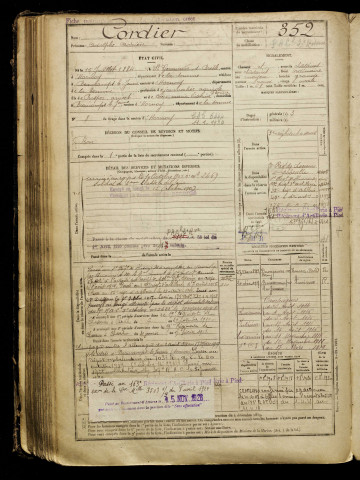 Cordier, Adolphe Adrien, né le 15 juillet 1884 à Saint-Germain-sur-Bresle (Somme), classe 1904, matricule n° 352, Bureau de recrutement d'Amiens
