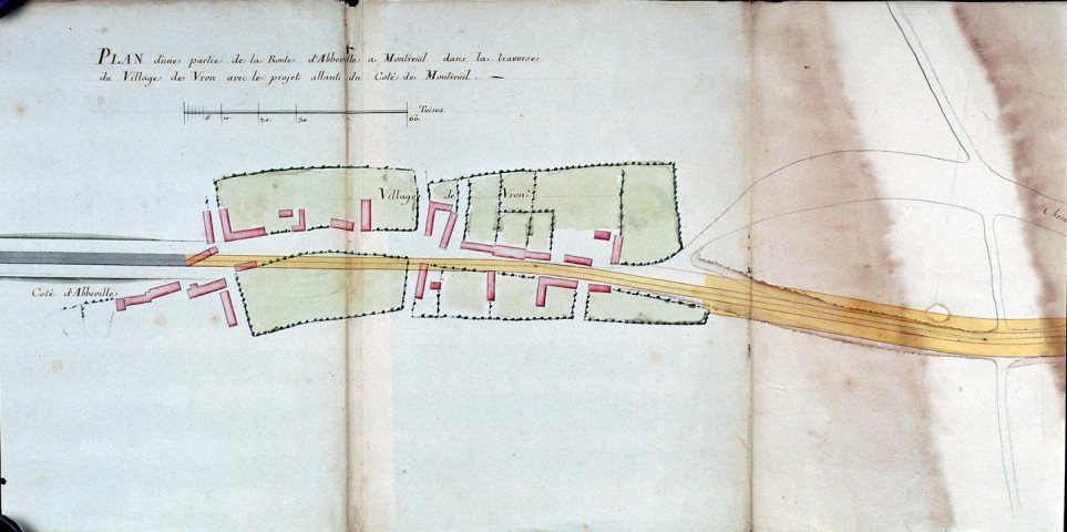 Plan d'une partie de la route d'Abeville à Montreuil dans la traversée du village de Vron avec le projet allant du côté de Montreuil