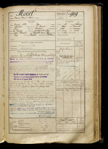 Morel, Maurice Edmond Olivier, né le 09 mai 1889 à Fay (Somme), classe 1909, matricule n° 919, Bureau de recrutement de Péronne