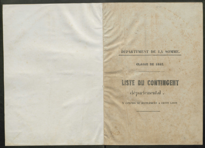 Liste du contingent (ensemble du département) de l'année 1852