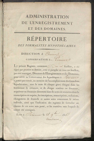 Répertoire des formalités hypothécaires, du 28/03/1819 au 09/06/1819, registre n° 074 (Péronne)