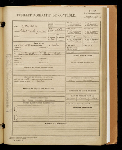 Cardon, Robert Camille Jean Baptiste, né le 20 mars 1893 à Corbie (Somme), classe 1913, matricule n° 679, Bureau de recrutement d'Amiens