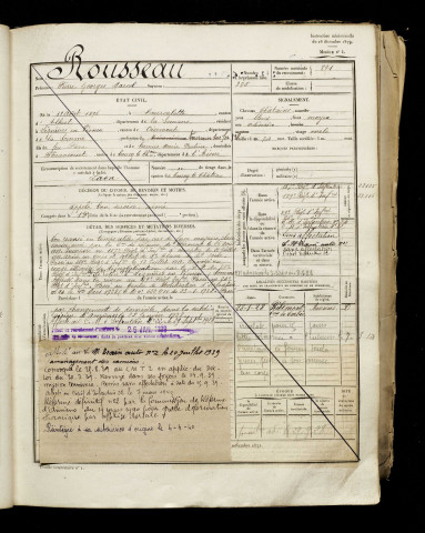Rousseau, Pierre Georges Marcel, né le 18 août 1896 à Courcelette (Somme), classe 1916, matricule n° 891, Bureau de recrutement d'Amiens