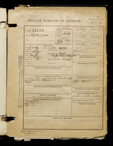 D'haene, Alfred Julien, né le 29 mars 1890 à Amiens (Somme), classe 1910, matricule n° 1244, Bureau de recrutement d'Amiens