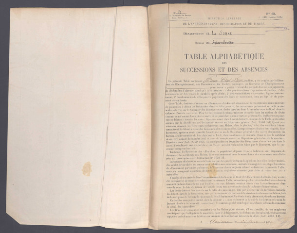 Table des successions et absences du bureau d'Amiens