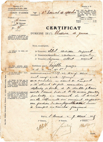 Certificat militaire d'origine de blessure de guerre concernant Georges Fréville