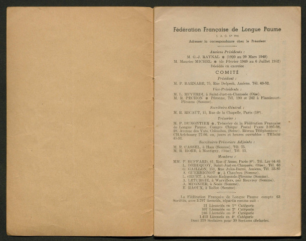 Opuscule (année 1955). Fédération française de Longue Paume : classement des joueurs. Suite à l'annuaire documentaire de la Longue Paume