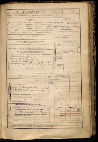 Chantegret, Hector Fortuné, né le 25 juillet 1867 à Poeuilly (Somme), classe 1887, matricule n° 730, Bureau de recrutement de Péronne