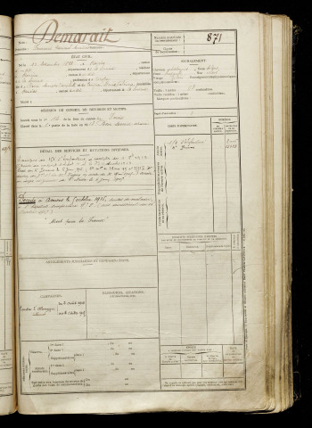 Demarait, Fernand Léonard Amédée, né le 15 décembre 1893 à Rosières-en-Santerre (Somme), classe 1913, matricule n° 871, Bureau de recrutement de Péronne