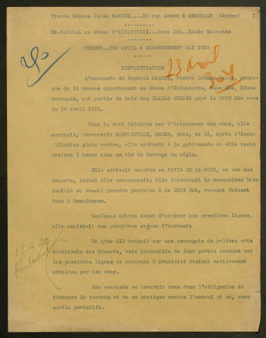 Témoignage de Manche, Pierre (Caporal) et correspondance avec Jacques Péricard