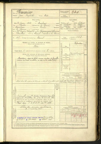 Pommier, Jean Baptiste , né le 4 juin 1862 à Marcelcave (Somme, France), classe 1882, matricule n° 240, Bureau de recrutement de Péronne