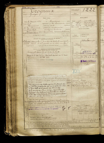 Trogneux, Georges, né le 30 mars 1885 à Amiens (Somme), classe 1905, matricule n° 1222, Bureau de recrutement d'Amiens