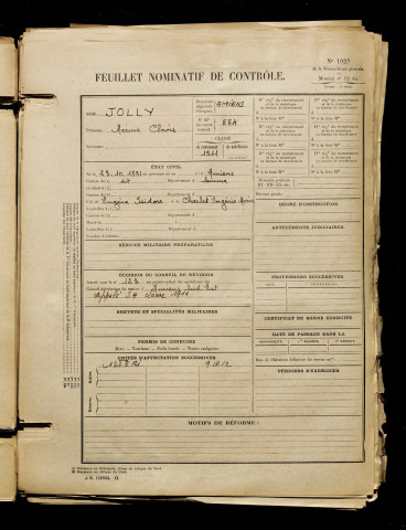 Jolly, Marius Clovis, né le 23 octobre 1891 à Amiens (Somme), classe 1911, matricule n° 554, Bureau de recrutement d'Amiens