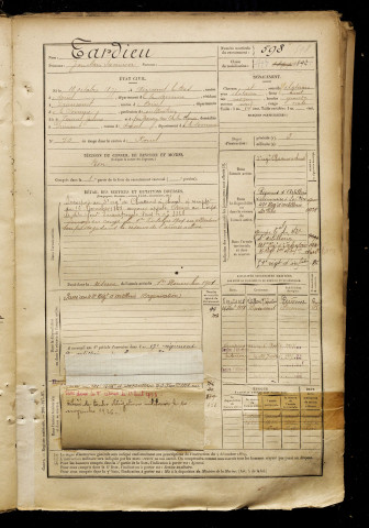 Tardieu, Jean Marie Savinien, né le 19 octobre 1877 à Aizecourt-le-Bas (Somme), classe 1897, matricule n° 598, Bureau de recrutement de Péronne