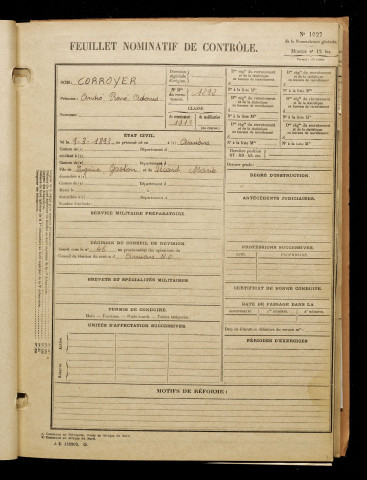 Corroyer, André René Adonis, né le 09 mars 1893 à Amiens (Somme), classe 1913, matricule n° 1292, Bureau de recrutement d'Amiens