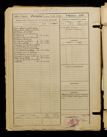 Catoire, Maurice Emile Arthur, né le 15 mars 1898 à Nesle (Somme), classe 1918, matricule n° 445, Bureau de recrutement de Péronne